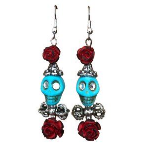 Handcrafted Skeleton Skull Day Of The Dead Rose Surgical Steel Wire Earrings